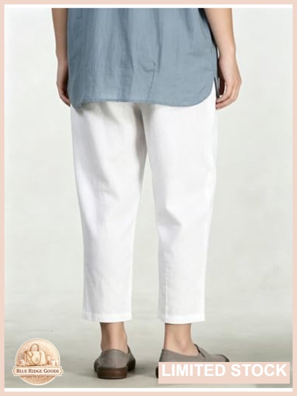 Linen Cropped Pants Tapered Ankle Capris Elastic Waist Pull-On - Picture 2 of 5